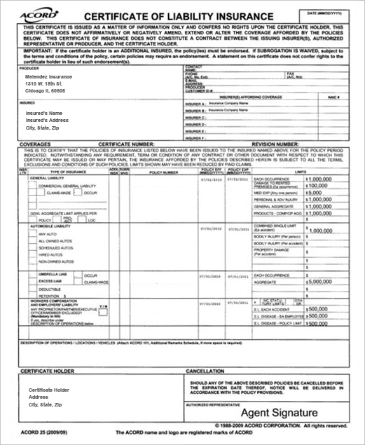 Insurance Certificate Example